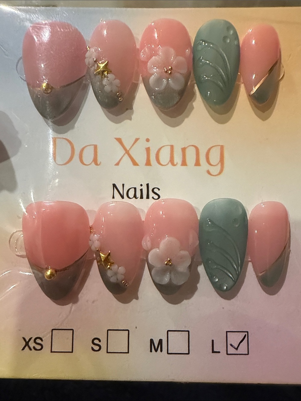 Sage French tip 3D Floral handmade acrylic Press-On Nails